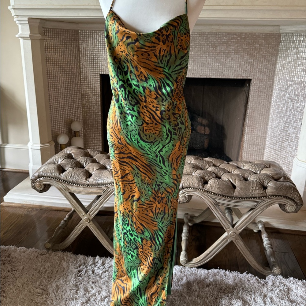 green and gold cheetah print slit midi dress